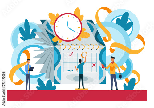 People planning concept. Entrepreneurship and calendar schedule planning with filling course campaign. Business meeting and events organizing process, office working. Vector cartoon illustration