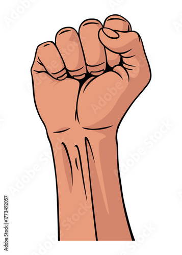 Rised fist hand gesture drawn emblem. Vector hand clenched into fist and rising up, symbol isolated on white background. Power sign. Human hand up in the air