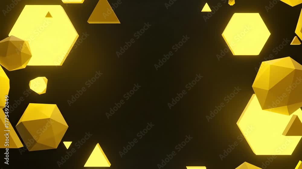 Abstract Geometric Shapes on Black Background - This stock image features various yellow geometric shapes including hexagons, triangles, and polyhedra floating against a dark black background.