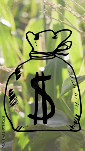 Animating money bag over green cornfield background