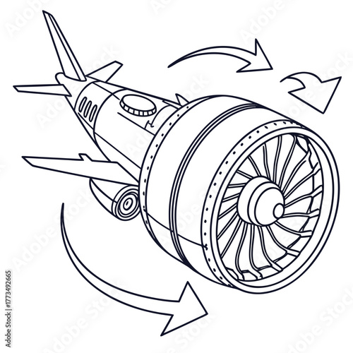 Airplane engine with arrows showing rotation