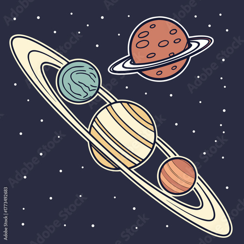 Cartoon solar system with planets and rings on dark background