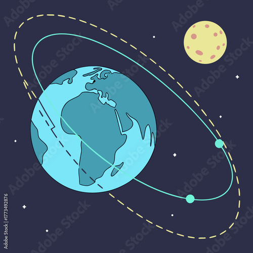 Earth and moon orbiting in space with stars on dark background