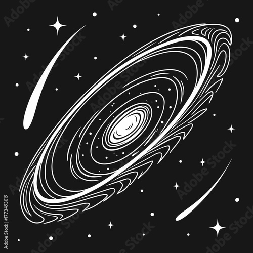 Hand drawn galaxy with comets and stars isolated on