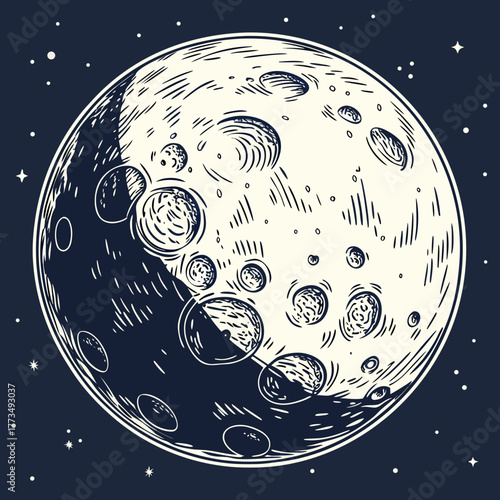 Hand drawn moon phases with craters and stars in dark background