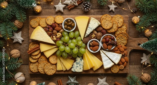 Festive holiday charcuterie board with cheese, crackers, nuts, and grapes surrounded by christmas decorations on a wooden surface overhead shot