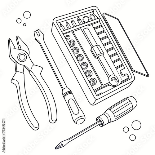 Hand tools set, vector line art illustration