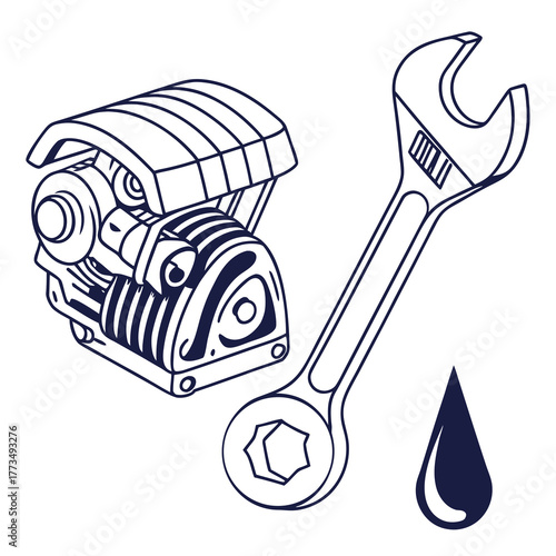 Illustration of engine, wrench, and oil drop