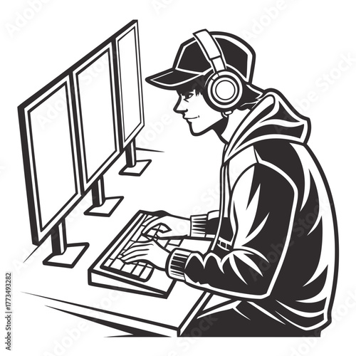 Illustration of gamer with triple monitor