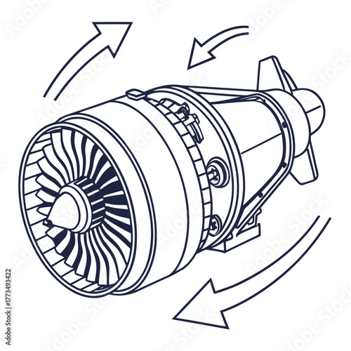 Jet engine with arrows, line art drawing