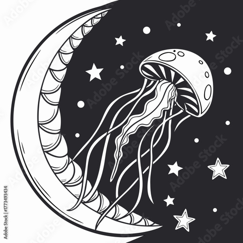 Jellyfish with crescent moon and stars in a dark night sky