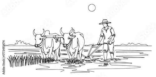 Farmer plowing rice paddy field with oxen traditional agriculture single line drawing Asian rural landscape vector