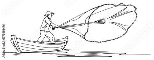 One continuous line drawing of an Asian fisherman in a conical hat on a boat casting a traditional fishing net. Minimalist vector illustration of a man working. Traditional fishing concept.