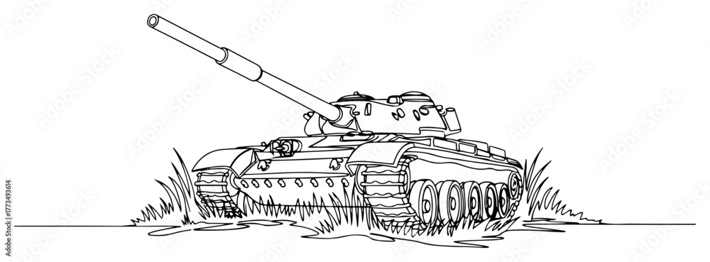Naklejka premium One continuous line drawing of a military tank. Armored fighting vehicle on the battlefield. War and army forces concept modern minimalist vector illustration.