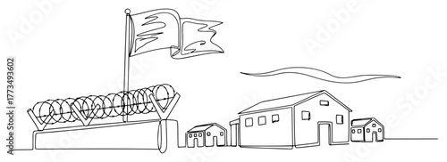 Single continuous line drawing of a border wall with barbed wire and a tattered flag. Military checkpoint or refugee camp concept minimalist hand drawn vector illustration.