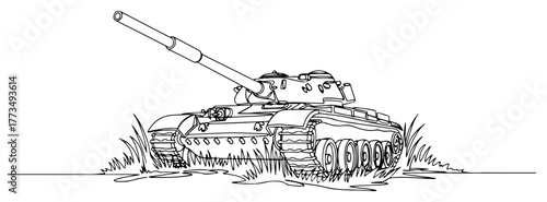 One continuous line drawing of a military tank. Armored fighting vehicle on the battlefield. War and army forces concept modern minimalist vector illustration.