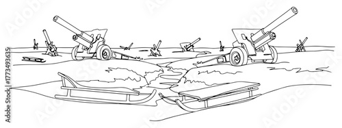 World War 2 battlefield scene with artillery cannons and anti tank obstacles single line drawing Military history winter conflict vector