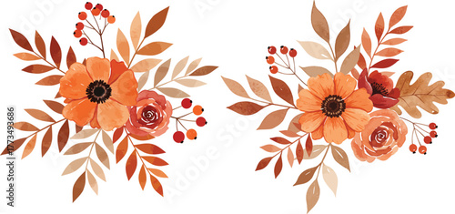 Watercolor autumn floral arrangement set orange flower rose leaves berry
