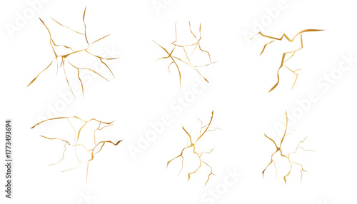 Golden cracks collection effect in japanese kintsugi art mosaic style. Luxury marble stone. Broken porcelain gold fissures. Marble texture. Luxury design for wall art, wallpaper, wedding card