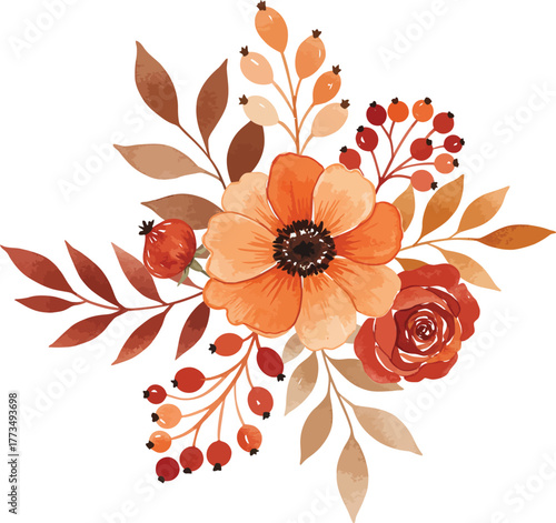 Watercolor autumn floral arrangement with rosehips and orange flowers motif