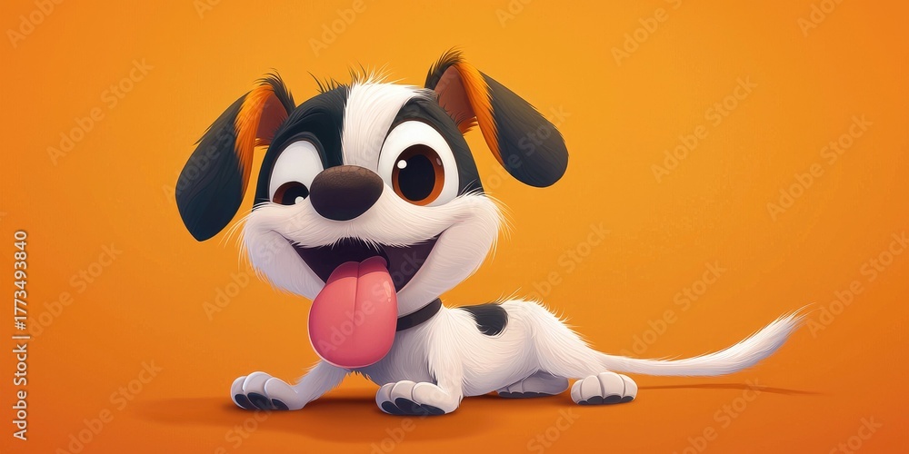 Fototapeta premium A cute, cartoonish puppy with big eyes and a big smile, lying on an orange background with a yellow border.