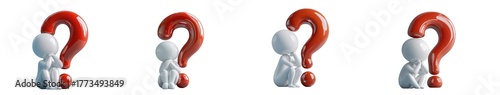 Four small white figures contemplating large red question marks, isolated on transparent background