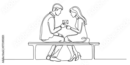 Couple in love with letter on a bench continuous one line drawing Man giving woman a love letter romantic date vector illustration