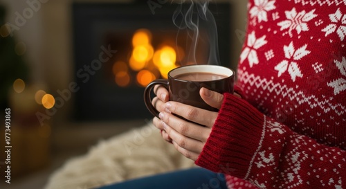 A cozy winter scene featuring a person holding a steaming mug of hot chocolate in front of a warm fireplace, creating a festive and inviting atmosphere