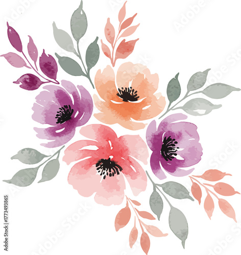 Watercolor boho floral illustration bouquet with pink purple flowers and foliage