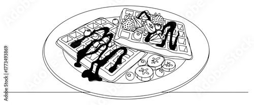 Belgian waffles with chocolate sauce and fruits continuous one line drawing Breakfast dessert food vector illustration