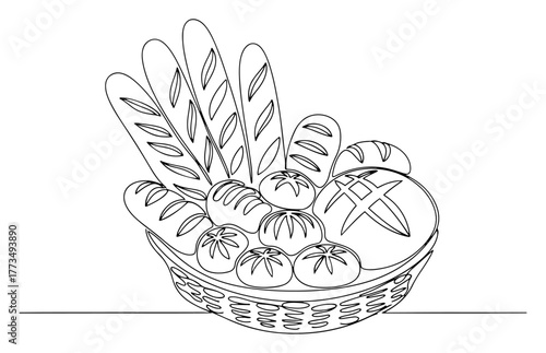 Basket with fresh bread assortment continuous one line drawing Bakery food concept with baguette and loaf vector illustration