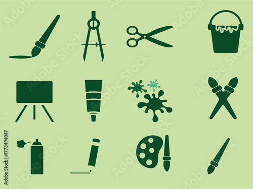 A collection of art supplies icons, including paintbrushes, scissors, compass, easel, paint tube, palette, and paint splatters, all in a solid green color.