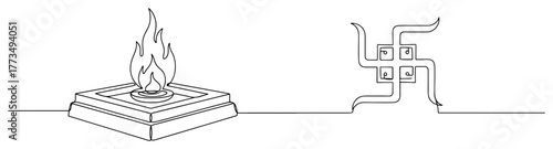 Single continuous line drawing of Havan Kund with sacred fire and Swastika symbol. Hindu religious Yajna ceremony concept minimalist vector illustration.