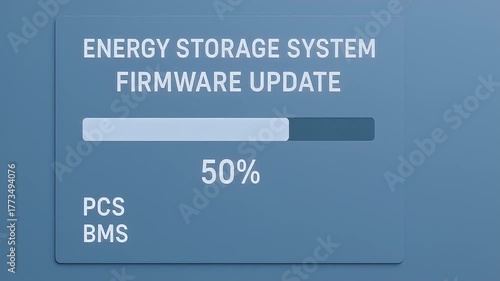 Energy storage system firmware update progress bar fifty percent showing industrial control interface blue panel technical status calm tone control module battery management update minimal design