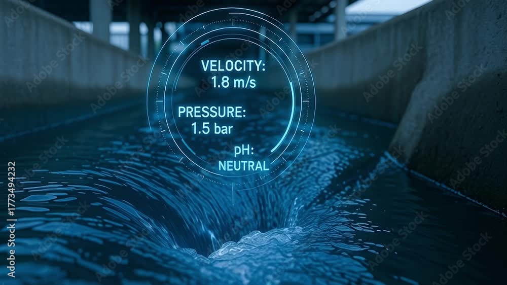 Flow Speed Display Velocity 1.8 m/s pressure 1.5 bar pH neutral water channel flow ...