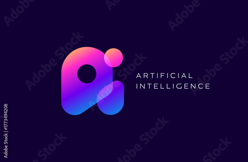 AI logo icon symbol sign. Artificial Intelligence button for web, app, tool. Overlay bright gradient color logotype template on dark blue background. Vector Illustration