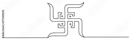 One continuous line drawing of a Swastika. Sacred and auspicious Hindu symbol of good fortune luck and well-being. Minimalist spiritual vector icon.