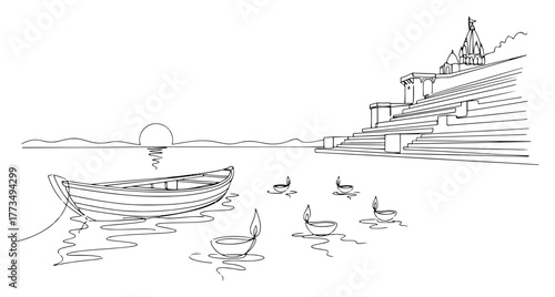 One continuous line drawing of Varanasi ghats on the Ganges river with boat and floating Diya lamps at sunset. Spiritual India travel concept minimalist vector art illustration.
