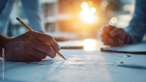 Close-up of architects' hands sketching and revising detailed floor plan on blueprint paper during project planning in office.