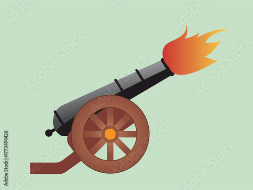 Illustration of a black cannon firing, with bright orange flames shooting from the barrel, set against a light green background.