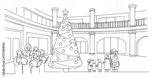 One continuous line drawing of a Christmas celebration scene. Choir singing carols Santa with children around a tree. Minimalist holiday vector illustration.