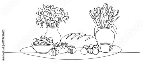 Continuous one line drawing of an Easter table still life with decorated eggs flowers and bread. Spring holiday celebration concept minimalist vector art illustration.