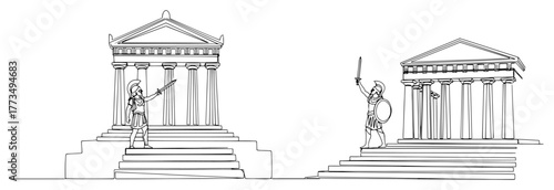 Single continuous line drawing of ancient Greek warriors debating in front of the Parthenon temple at the Acropolis. Philosophy and history of Athens concept minimalist vector art illustration.