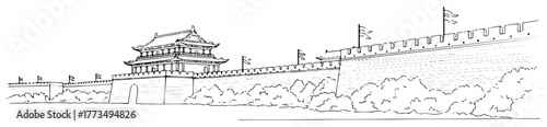 One continuous line drawing of the ancient city wall of Xian China. Famous Chinese landmark and historical fortification. Minimalist travel vector illustration.