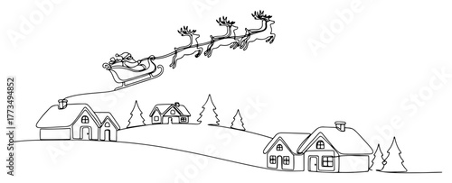 One continuous line drawing of Santa Claus flying in a sleigh with reindeer over a snowy winter village. Christmas Eve night scene. Minimalist holiday vector illustration.