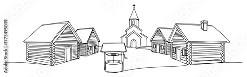 Continuous one line drawing of a historic wooden village with a church and a water well. Old settlement or pioneer town concept minimalist vector illustration.