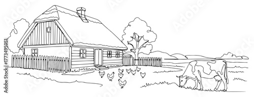 Single continuous line drawing of an idyllic rural farm scene with a thatched roof cottage cow and chickens. Countryside landscape and agriculture concept minimalist vector illustration.