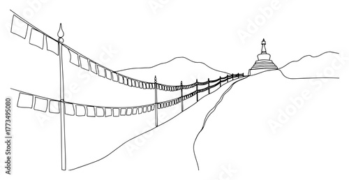 One continuous line drawing of a path with Tibetan prayer flags leading to a stupa in the Himalayas. Buddhist sacred landscape. Minimalist spiritual vector illustration.
