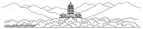 Traditional Asian pagoda temple in mountain landscape. Vector line art illustration