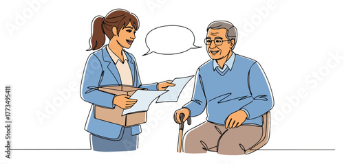 Young female caregiver talking with happy senior man. Continuous one line drawing vector